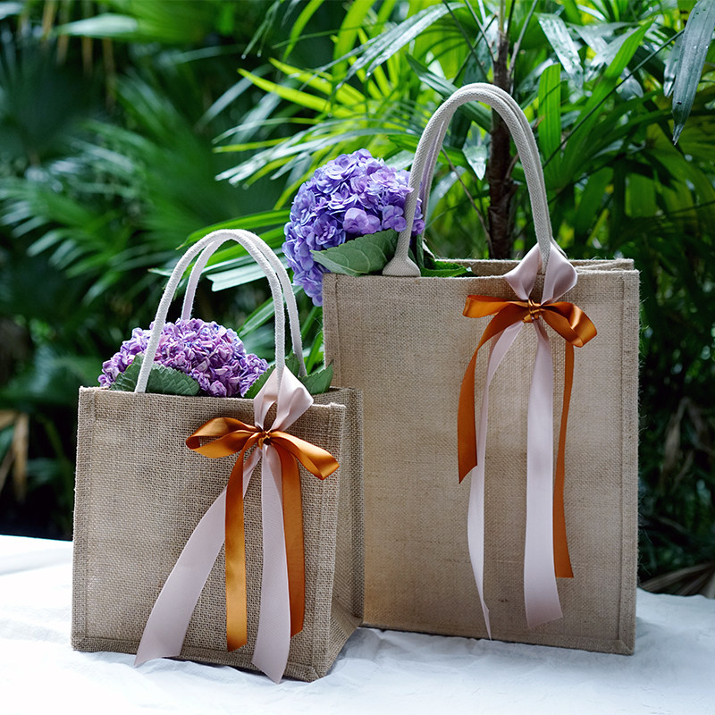 Burlap bag tote bag with ribbon practical and convenient to carry