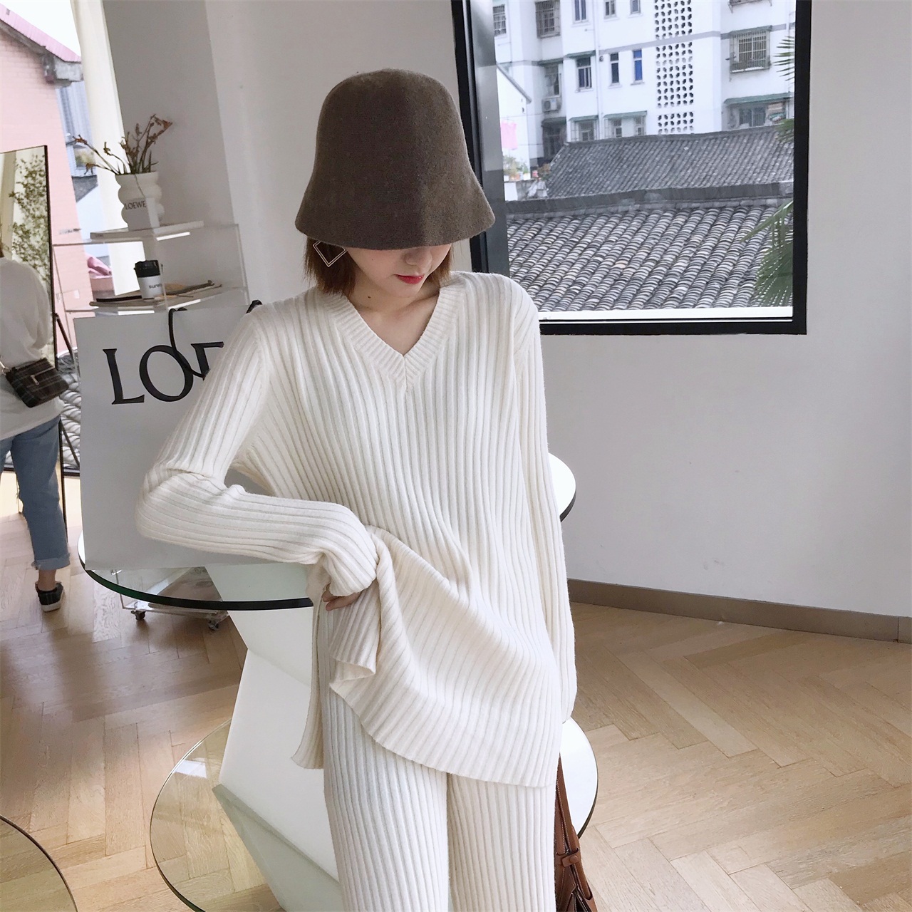 Pit Stripes Thickened Cashmere Inner Hitch Woman 2022 Autumn Winter New Casual Warm Foreign Pie lean knit suit
