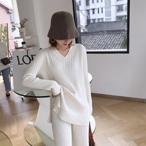 Fashionable Skinny Pit striped thick cashmere sweater set 2021 Winter new Korean side split high waist wide leg pants