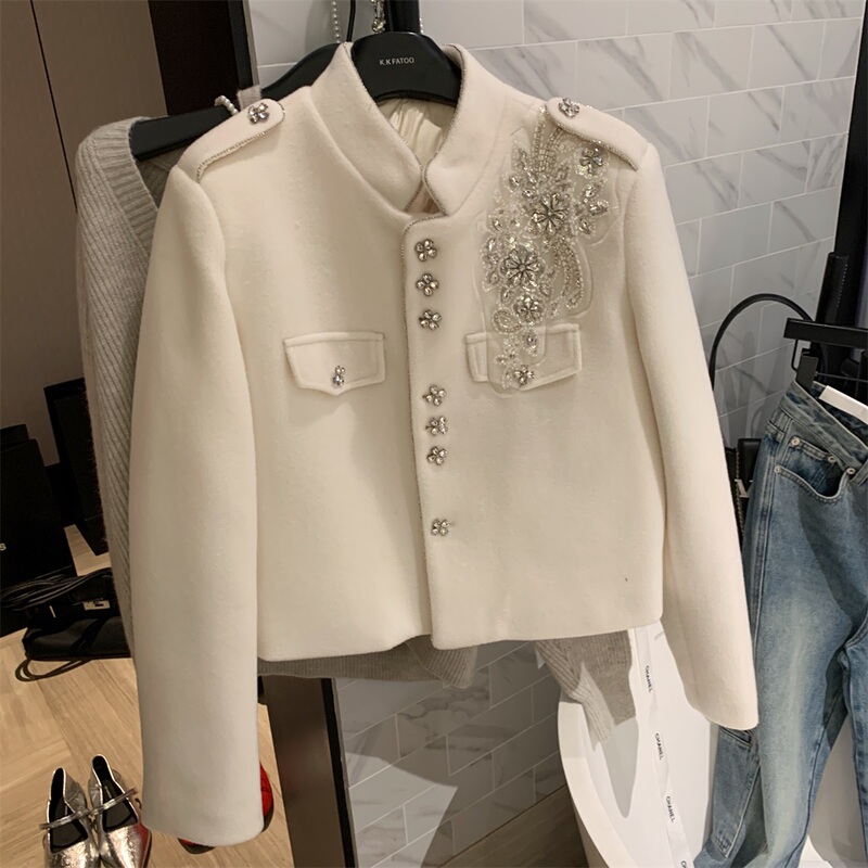Heavy-Duty Textured Single-Sided Diamond-Embellished High-Neck Woolen Short Coat for Winter, with a Luxurious Feel and Warm down Lining