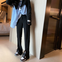 Korean version of thin after labeling before Ming line split suit suit pants 2021 into autumn new products dark black God pants straight tube mop pants