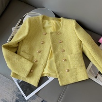 Temperament socialite double-breasted tweed small fragrant jacket 2021 into autumn new round neck foreign style yellow-green suit