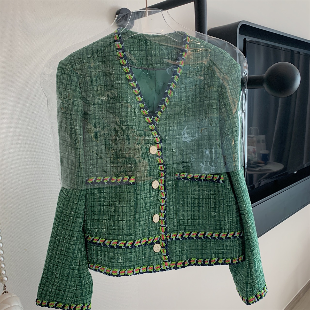 Retro National Wind Woven Small Scent Wind Jacket Woman 2022 Spring New V Collar Suede Green Cardiovert Blouse