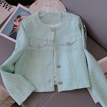 Temperament socialite small fragrant wind Tweed Green coat women long sleeve 2021 autumn and winter loose single-breasted cardigan