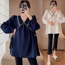 Plus size maternity wear V-neck top spring and summer long-sleeved belly-covering shirt fat MM fashion loose slimming bottoming shirt 200 pounds