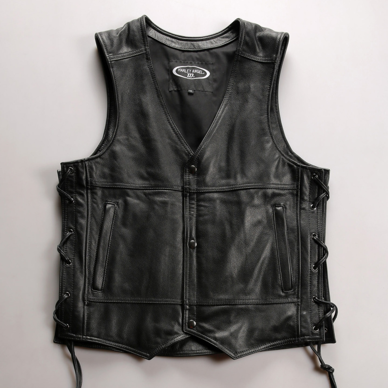 Harley Motorcycle Genuine Leather Vest, First Layer Cowhide, Distressed V-Neck Slim Fit Short Casual Leather Vest for Men