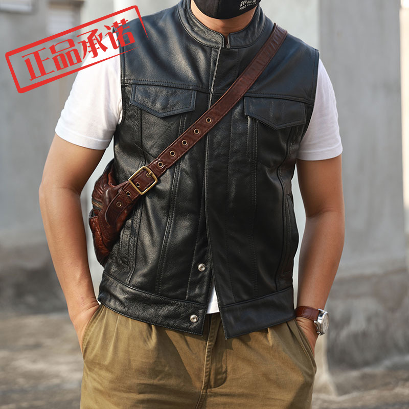 Harley Riding Genuine Leather Vest for Men, Pure First-Layer Cowhide, Sons of Anarchy Stand-Up Collar Slim Fit Motorcycle Leather Vest for Men