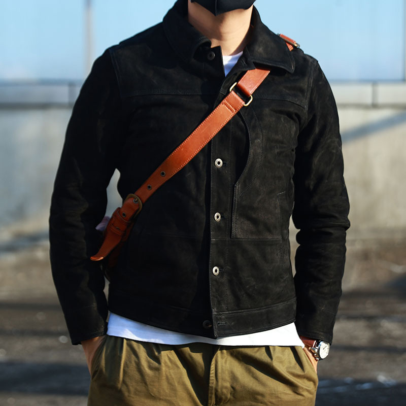 Black Warrior Workwear Short Leather Jacket for Men, Uncoated Oil-Fleece Suede Goatskin, Lapel Casual Genuine Leather Jacket for Men