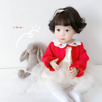 Spring New Baby Conjoined Korean Version Princess Veil Dress Cute Wind Triangle Khae Baby Fake Two Out Clothes