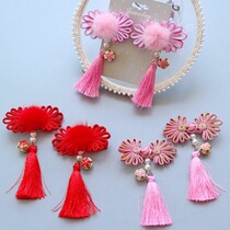New Year Chinese childrens hair ornament mink hair girls headwear hairclip baby cheongsam tassel plate buttons wafer edge clamp