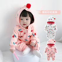 Spring and autumn one-piece clothes magic hat clothes cotton double layer black clothes cherry print mens and womens baby clothes