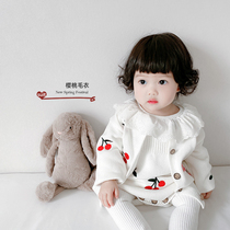 Spring paragraph Korean version Baby knitted cardiovert baby Cherry Embroidered cute sweet and long sleeve sweater khau suit