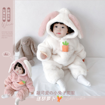 Winter baby conjoined clothes baby warm and suede thickened freshmen khaed pyjamas go out to suit winter clothing suit