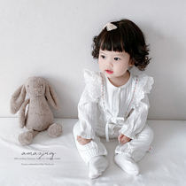 Korean Version Newborns Butterfly Knot Khaclothes Climbing Clothes Embroidered Baby Conjoined Coats and Girl Lace Lace Flower lace