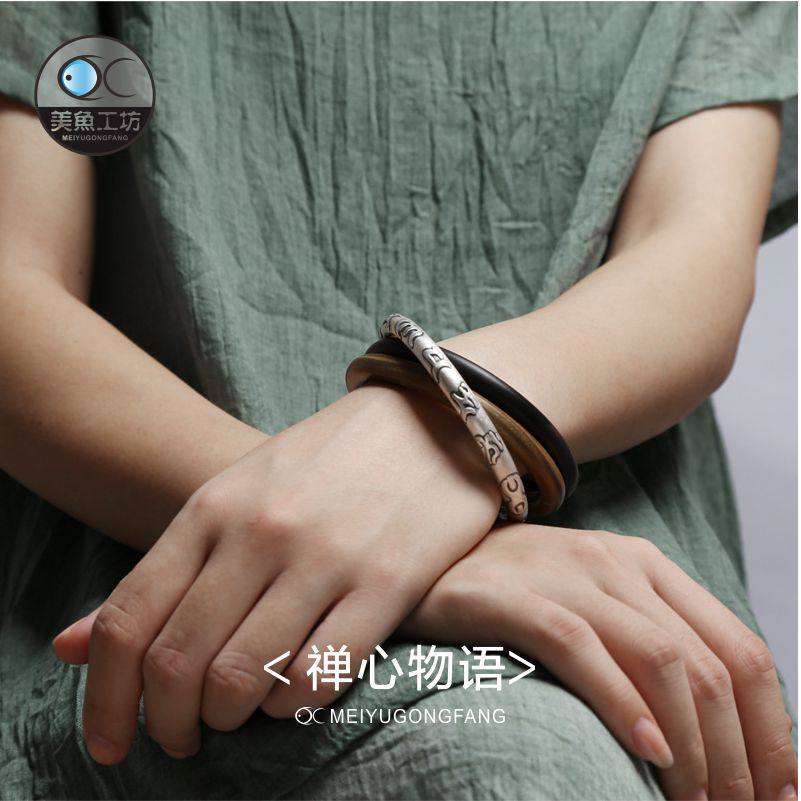 Original sandalwood sterling silver three-piece vintage Chinese ethnic style simple bracelet bracelet bracelet Children's niche designer bracelet