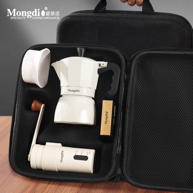 Mongdio Moka Pot Double-Valve Moka Coffee Pot Set Hand Grinder Coffee Maker Outdoor Coffee Maker Portable Bag