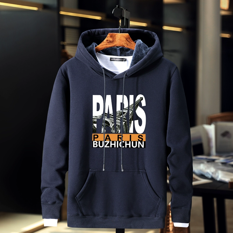 Mùa thu và mùa đông cộng với áo len trùm đầu nhung dày, áo len nam rộng rãi cộng với phân bón XL áo hoodie béo ấm quần đùi