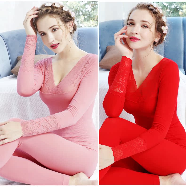 Mùa đông ren V-cổ nữ đồ lót nhiệt Phần cơ thể cotton ngắn Quần mùa thu thiết lập áo len cotton đáy đồ bộ