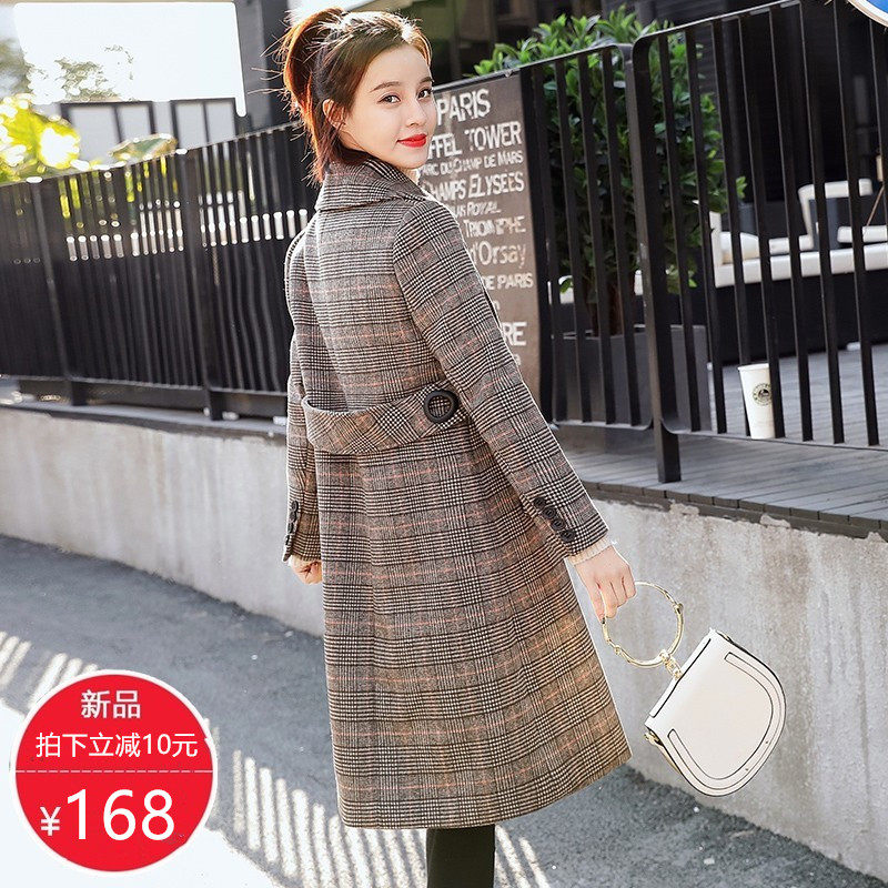 2022 popular plaid autumn and winter new Korean style woolen coat women thickened mid-length houndstooth plaid coat