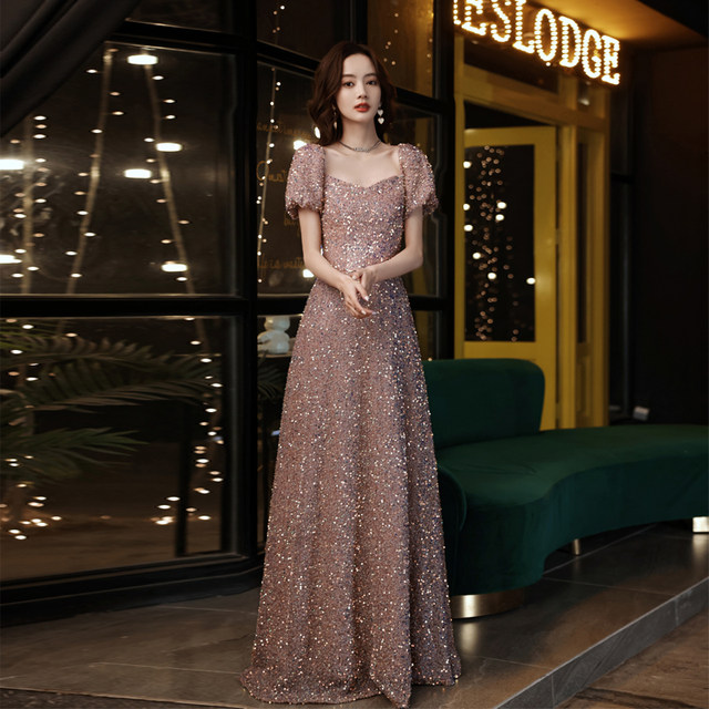 High-end sequined lace evening dress 2021 new banquet long dress short-sleeved French style autumn dating daily wedding