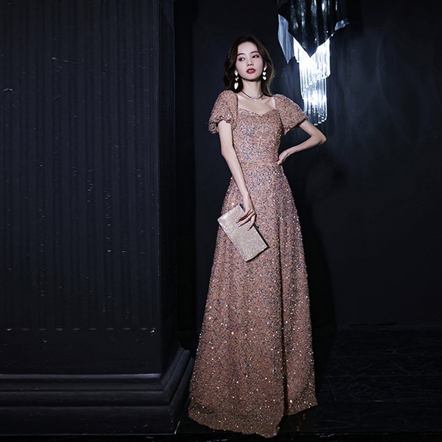 High-end sequined lace evening dress 2021 new banquet long dress short-sleeved French style autumn dating daily wedding