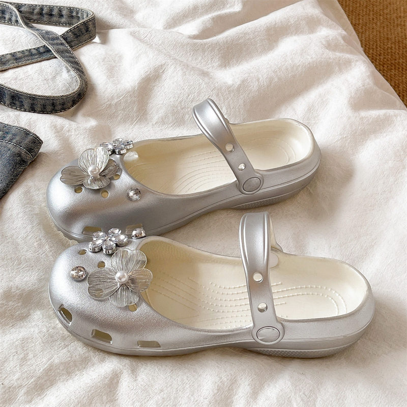 British Magkiss Ballet Mary Jane Silver Perforated Shoes for Summer, Outdoor Wear, Closed-Toe, Non-Slip, Thick-Soled Beach Sandals