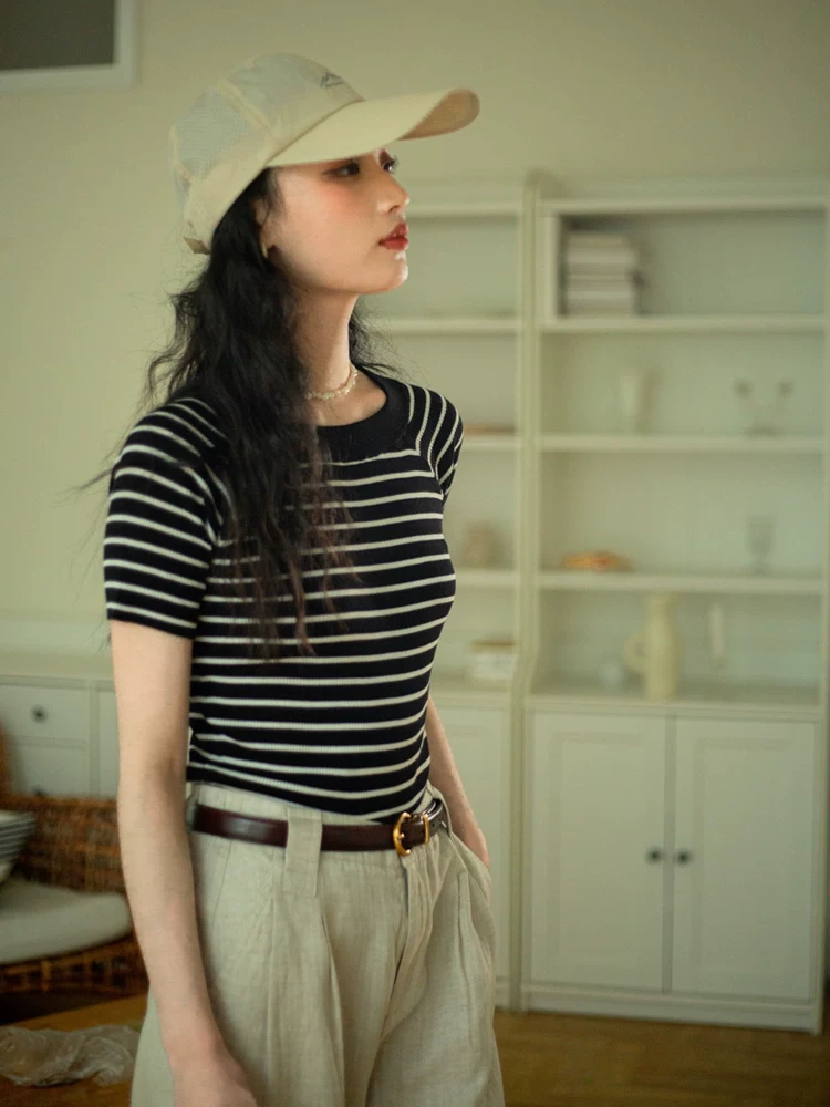 安妮陈 Silk knitted summer fashionable T-shirt, with short sleeve