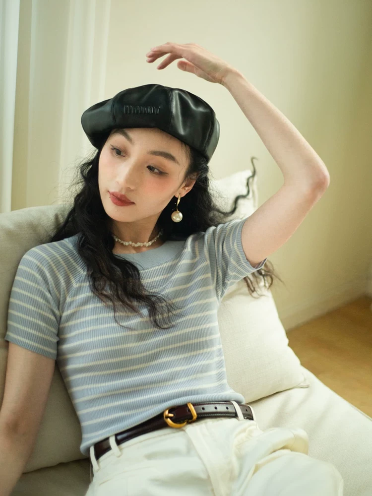 安妮陈 Silk knitted summer fashionable T-shirt, with short sleeve