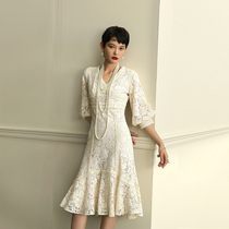 RoseLingLing high quality original embryo imported skeleton lace stitching lace lantern sleeve A dress summer