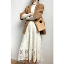 RoseLingLing explore elegant woolen romantic lace wide waist head Sun pleated temperament skirt women spring and autumn