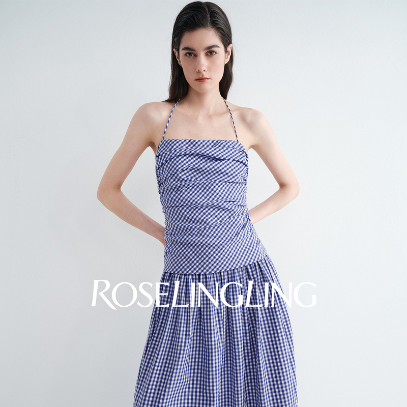 Roselingling Capri Series Summer Vacation Slightly Tipsy Style Draped Aesthetic Yarn-Dyed Plaid Dress