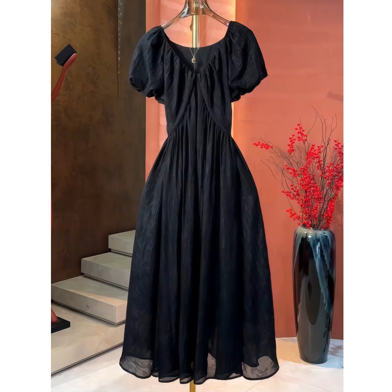Senna Holiday French-Style Vacation Three-Dimensional Ruched V-Neck Puff Sleeve Dress Versatile Commuting Slimming Dress