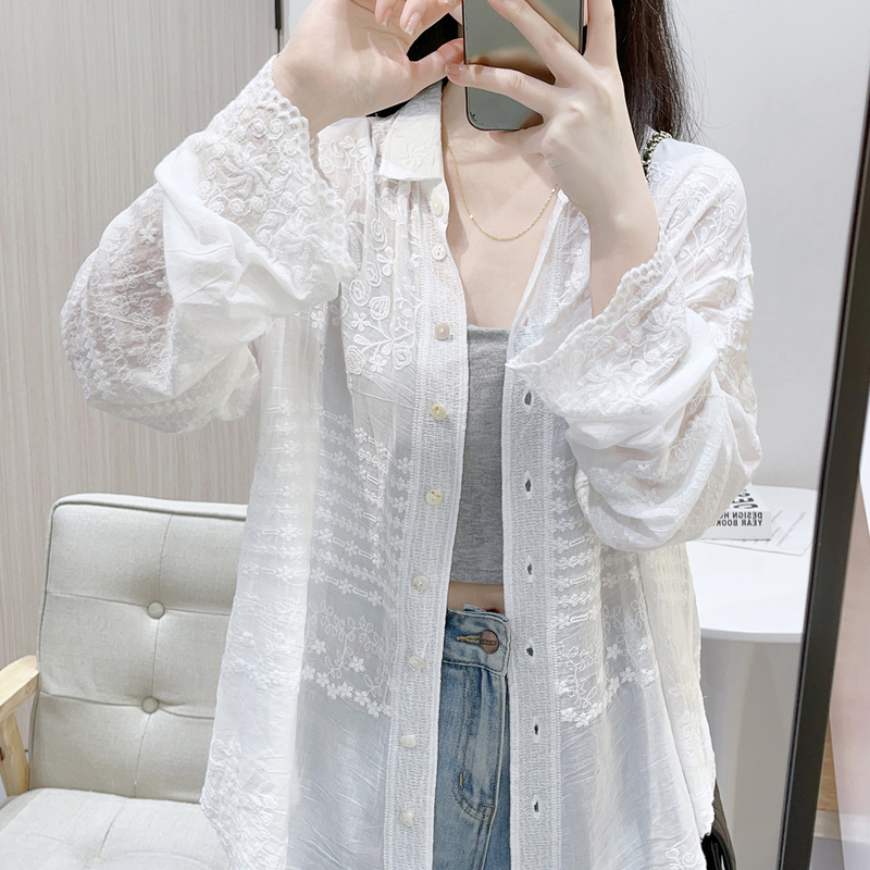 White Lace Sun Protection Shirt for Women, Summer Embroidered Lace, Loose and Versatile, Slimming Long-Sleeve Thin Outerwear Cardigan Top