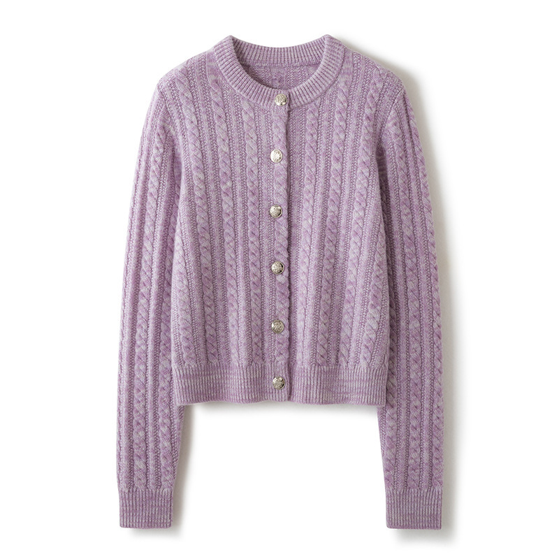 Brand Same Style (Kvssa Type Yarn) 100% Cashmere Round Neck Single-Strand Cable Knit Lavender Purple Cardigan Brand Same Style (Kvssa Type Yarn) 100% Cashmere Round Neck Single-Strand Cable Knit Lavender Purple Cardigan