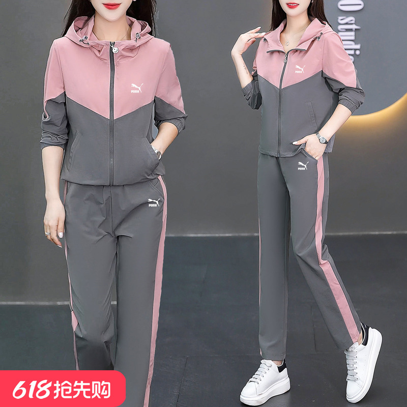 Outlet Store Fashion Sports Two-Piece Set for Women, Spring and Autumn Casual Breathable Comfortable Hooded Hiking and Running Suit