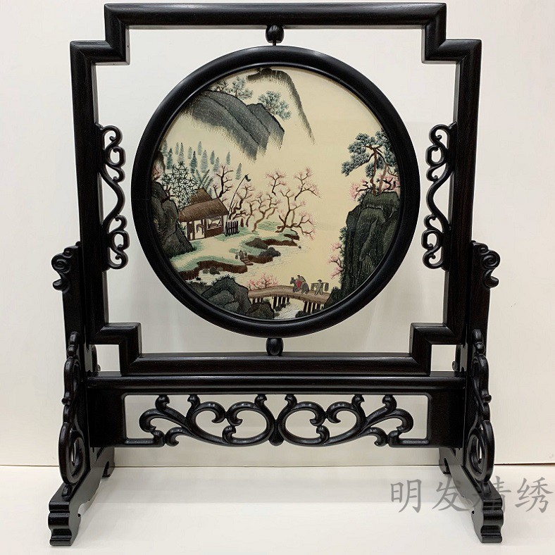 Purple sandalwood frame handmade Su embroidery Finished embroidery ornaments table screen double-sided embroidery gift Double-sided embroidery Ming and Qing Chinese style
