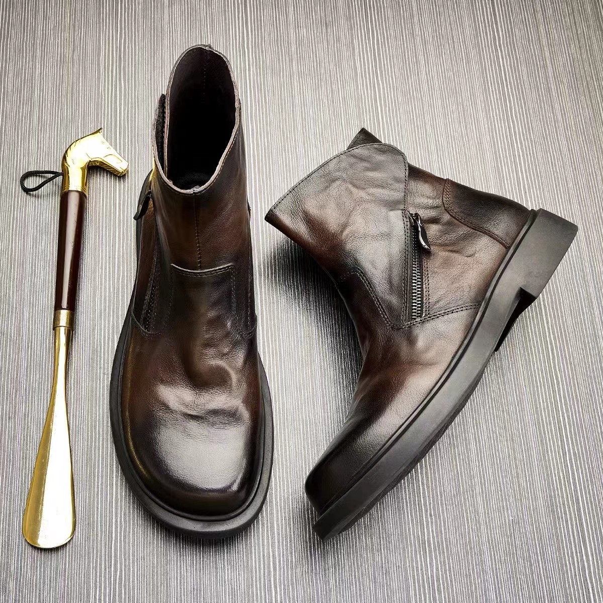 Mens Genuine Leather Boots Round Toe Workwear Zip Chelsea Boots