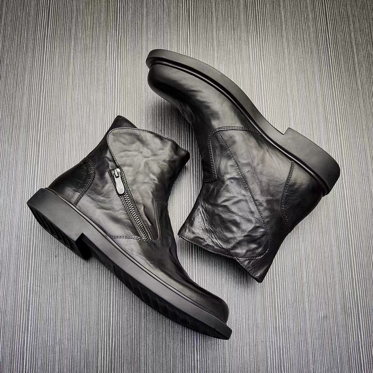 Mens Genuine Leather Boots Round Toe Workwear Zip Chelsea Boots