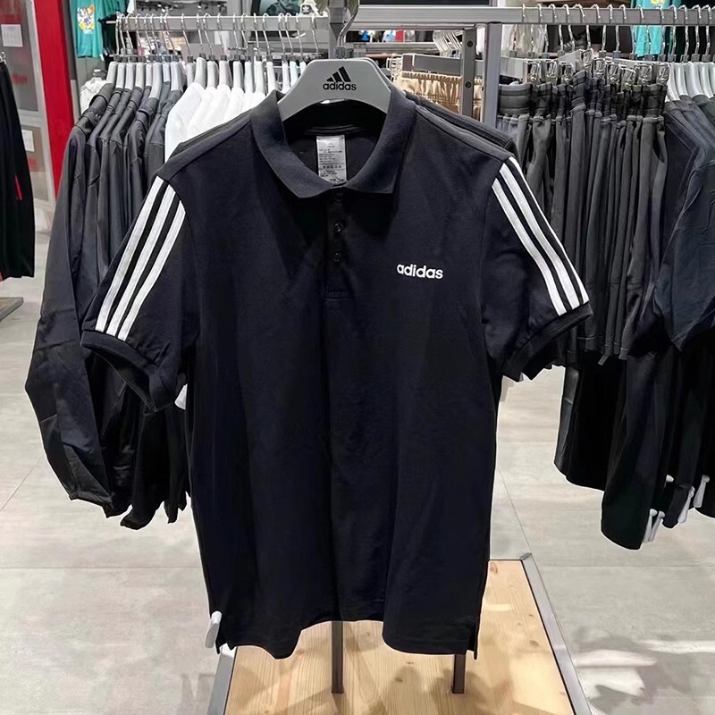 Adidas Men's Knitted Cotton Polyester Sweat-Absorbent Breathable Three-Stripe Logo Lapel Pullover Polo Shirt Ej0927