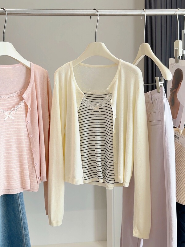 Striped Vest Paired with Long-Sleeve Knit Cardigan Two-Piece Set for Women, Spring and Autumn Slim-Fit Solid Color Versatile Outerwear Top