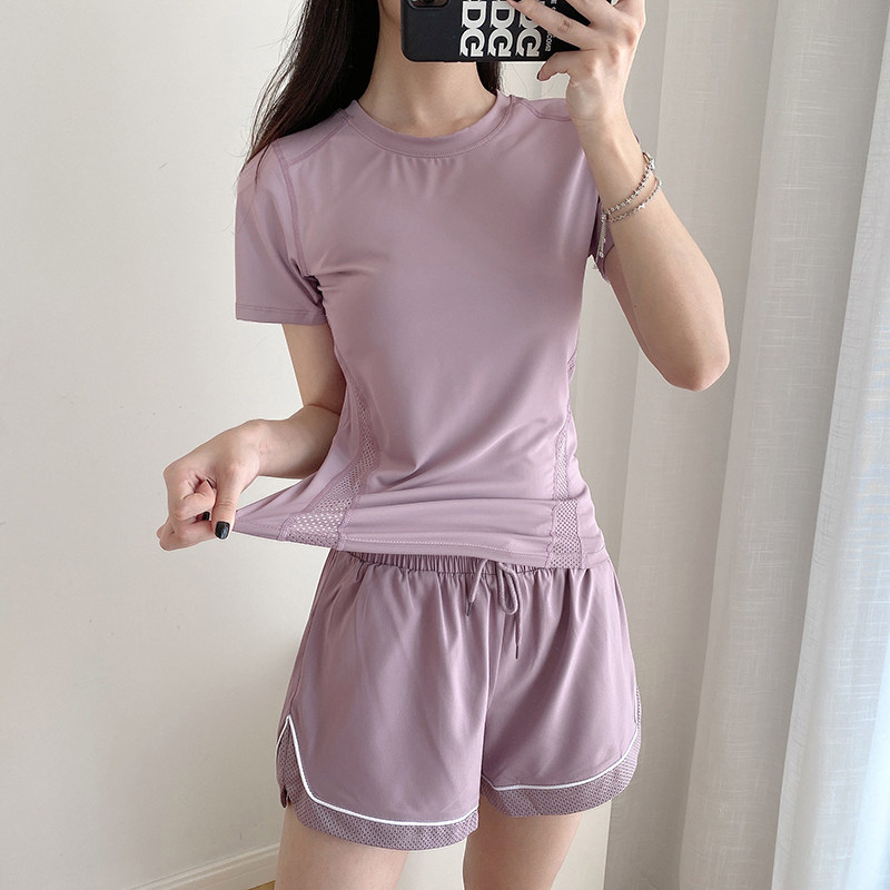 Mesh Splicing Soft Breathable Speed Dry Yoga Uniform Elastic Running Sports T-Shirt Woman Short Sleeve Shorts Fashion Suit