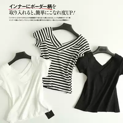 European and American single summer new wild cross V-neck elastic slim slim short-sleeved T-shirt top women