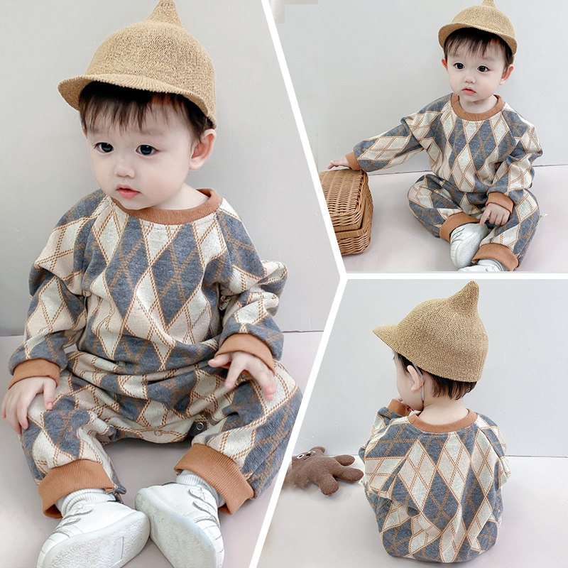 Baby knitted jumpsuit Lingge Infant Ha clothes Climbing Baby Long Sleeve Clothes Korean Baby Autumn Spring and Autumn