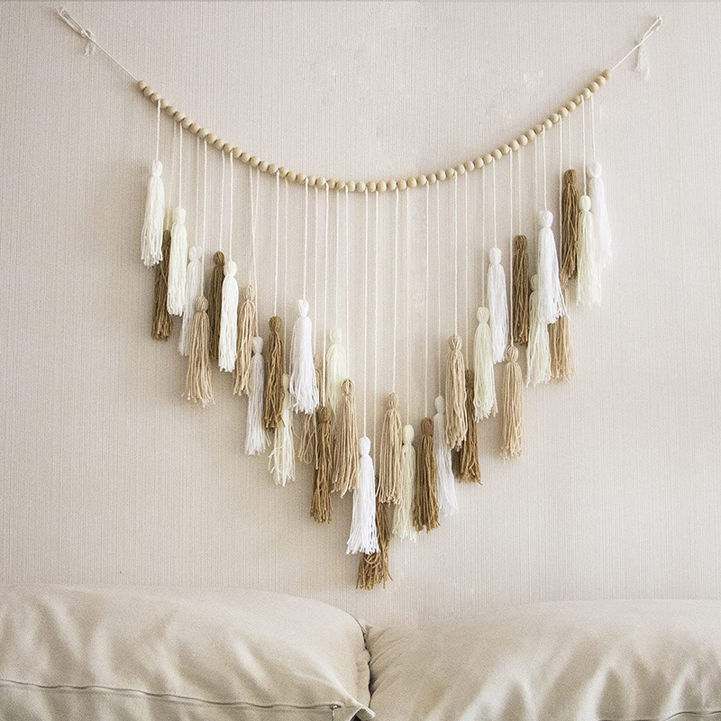 ins Home Decoration Woven Wooden Bead Tassel Tapestry Bedroom Bedside Wall Cotton Rope Background Wall Hanging Wall Decor