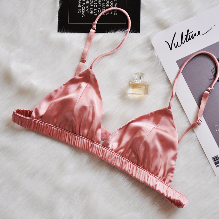 Châu Âu và Mỹ bralette không vòng thép không bọt biển siêu mỏng bra satin satin bikini đồ lót gợi cảm dây đeo vai mỏng quần lót nữ de thương