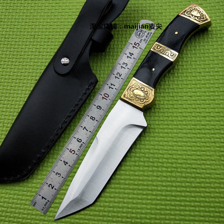 Outdoor climbing wilderness Wilderness Knife Special Battle Small Straight Knife High Hardness Inlaid Bronze Decorated Handle Carry-on Tactical Knife Sharp