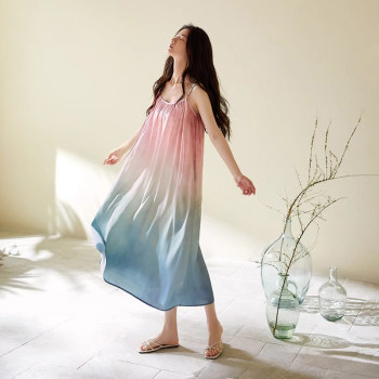 Doeo silk breast padded nightdress women's pajamas summer mulberry silk suspender thin vest large size long skirt gradient pink