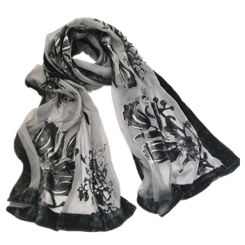Foreign trade super value autumn and winter new velvet scarf long scarf a variety of colors shawl black bottom green flowers
