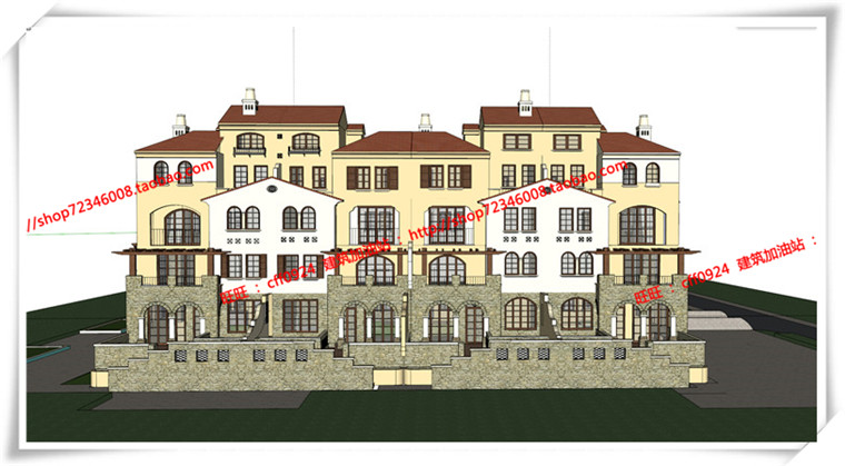 JZ060景瑞住宅别墅欧式西班牙联排叠加别墅su+cad+效果图-4