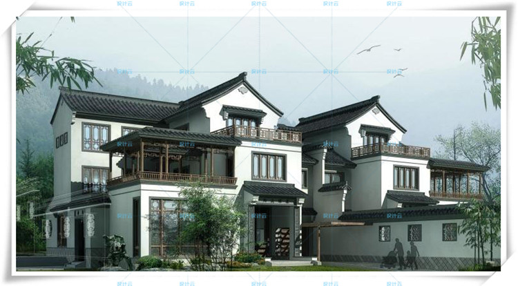 TU00100中式风格类独栋双拼别墅建筑设计CAD+3D模型+高清效果图-2